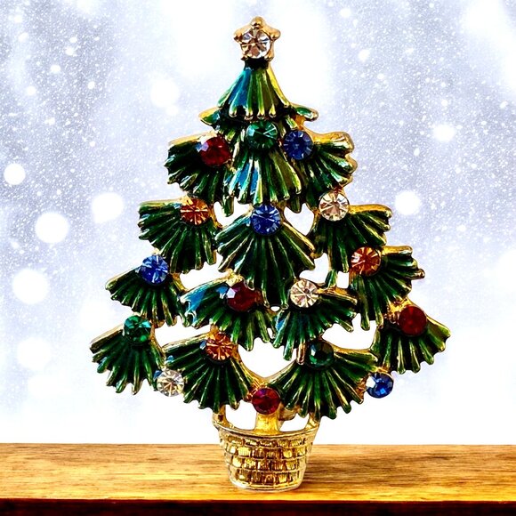 EISENBERG ICE Vintage Christmas Tree Brooch Green Enamel & Rhinestones Signed - Picture 4 of 14